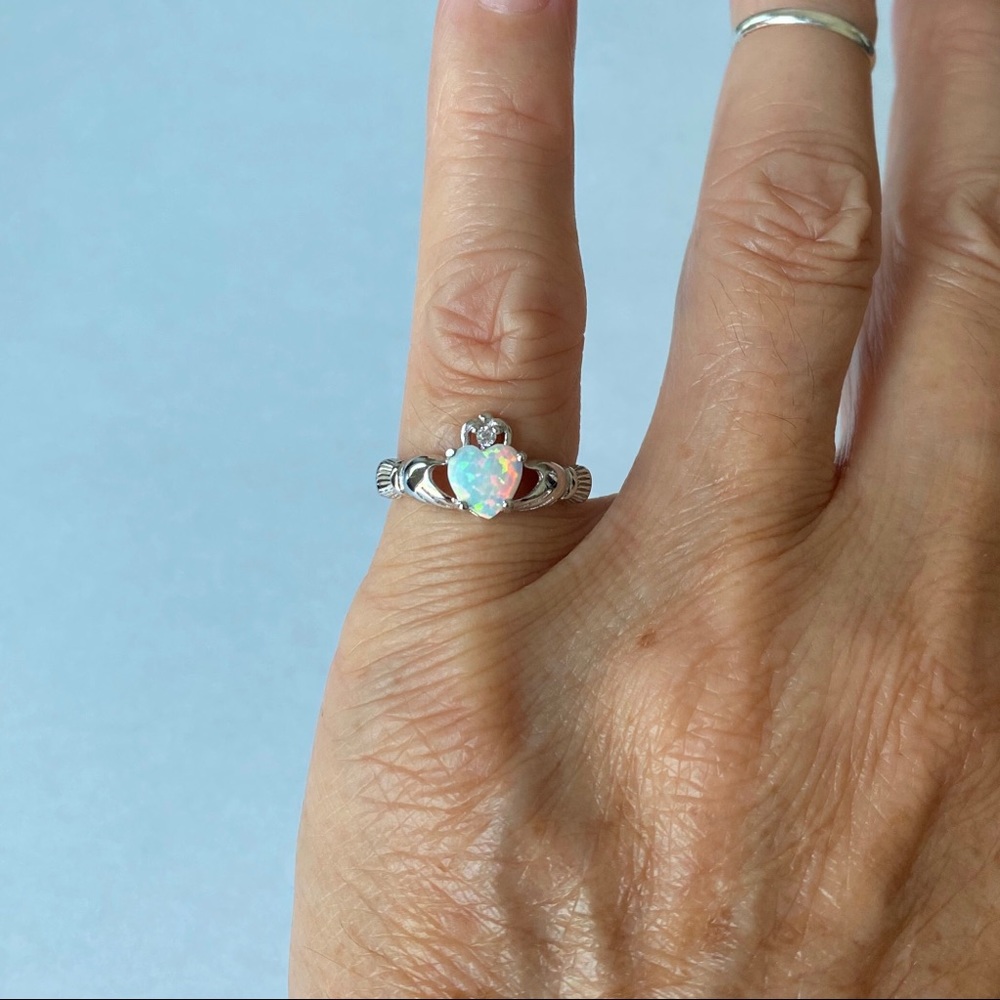 Sterling Silver White Lab Opal Claddagh Ring, Irish Rings, Silver Heart Ring - Picture 1 of 8